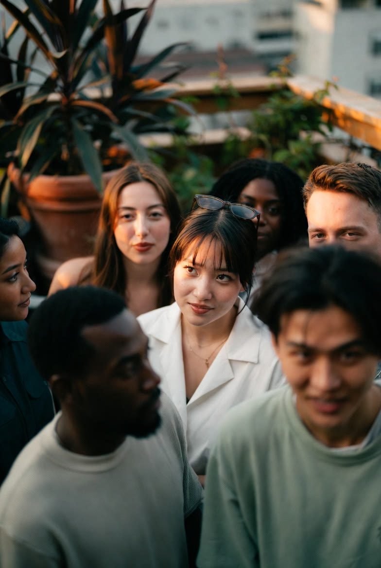 Un gruppo eterogeneo di persone insieme in un momento di socialità, alla luce calda del tramonto