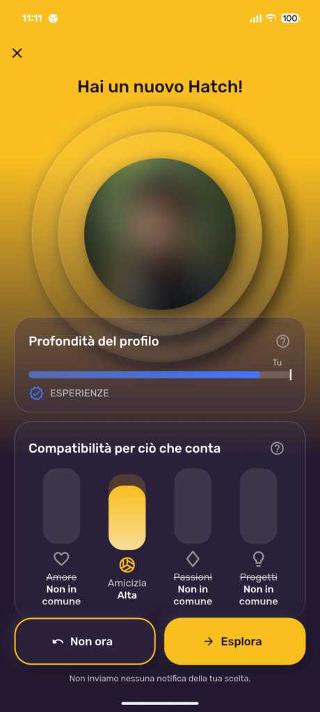Schermata Hatch dell'app Cocoun: una proposta con la foto ancora sfocata, la profondità del profilo e la compatibilità per ciò che conta