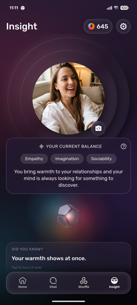 Insight screen of the Cocoun app: the demo profile with its personality balance