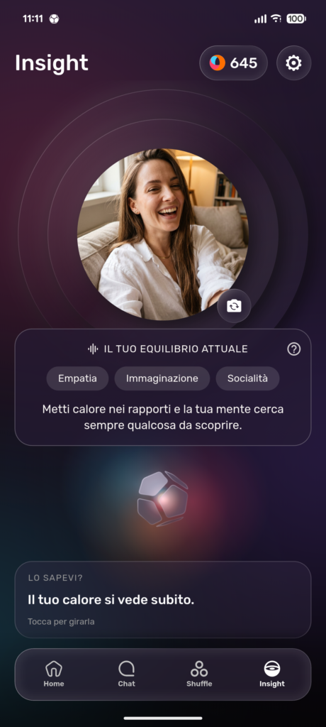 Schermata Insight dell'app Cocoun: il profilo dimostrativo con il proprio equilibrio di personalità